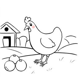 A simple black and white drawing of a cheerful chicken pecking on a farm