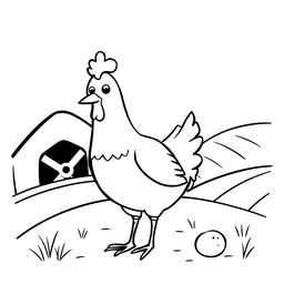 A simple black and white drawing of a cheerful chicken pecking on a farm