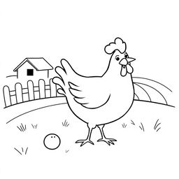 A simple black and white drawing of a cheerful chicken pecking on a farm