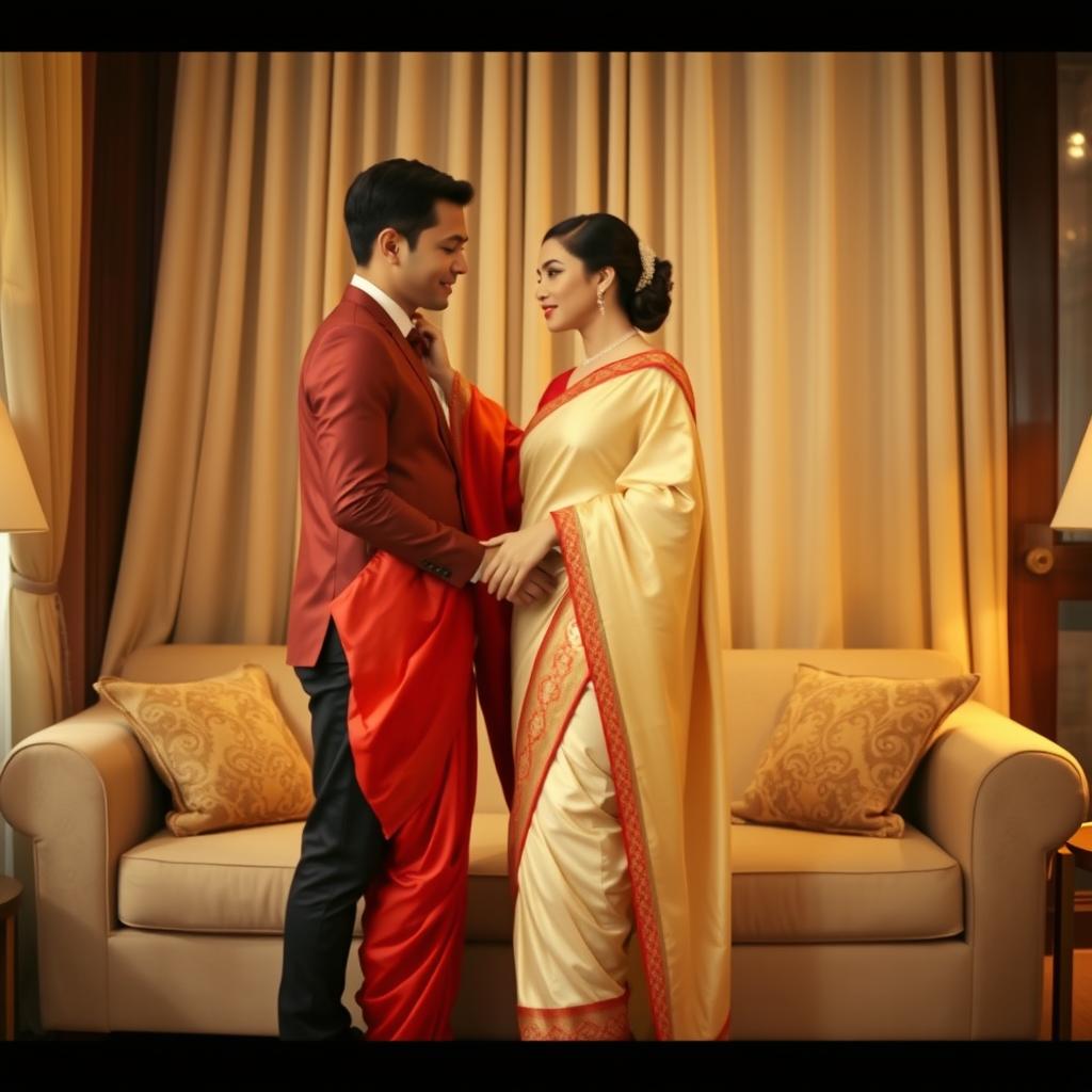 A romantic scene focusing on an elegant and stylish Thai couple in a cozy room