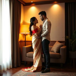 A romantic scene focusing on an elegant and stylish Thai couple in a cozy room