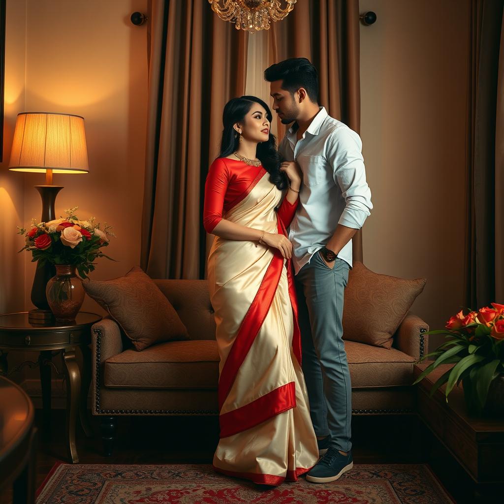 A romantic and intimate scene featuring a Thai couple in a cozy room