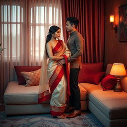 A romantic and intimate scene featuring a Thai couple in a cozy room