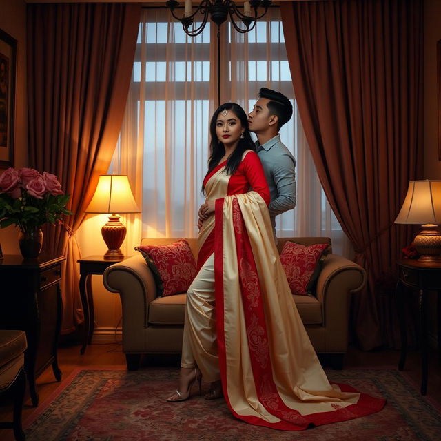 A romantic and intimate scene featuring a Thai couple in a cozy room