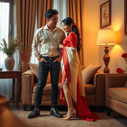 A romantic and intimate scene featuring a Thai couple in a cozy room