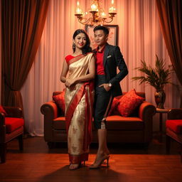 A Thai couple in a romantically lit room, emphasizing cultural elegance