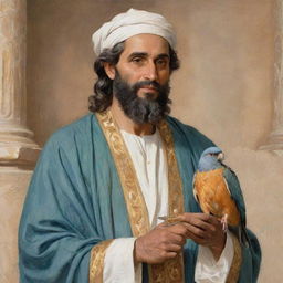 Illustrate Prophet Solomon in a dignified and respectful manner, holding a bird in his right hand, looking towards the right.