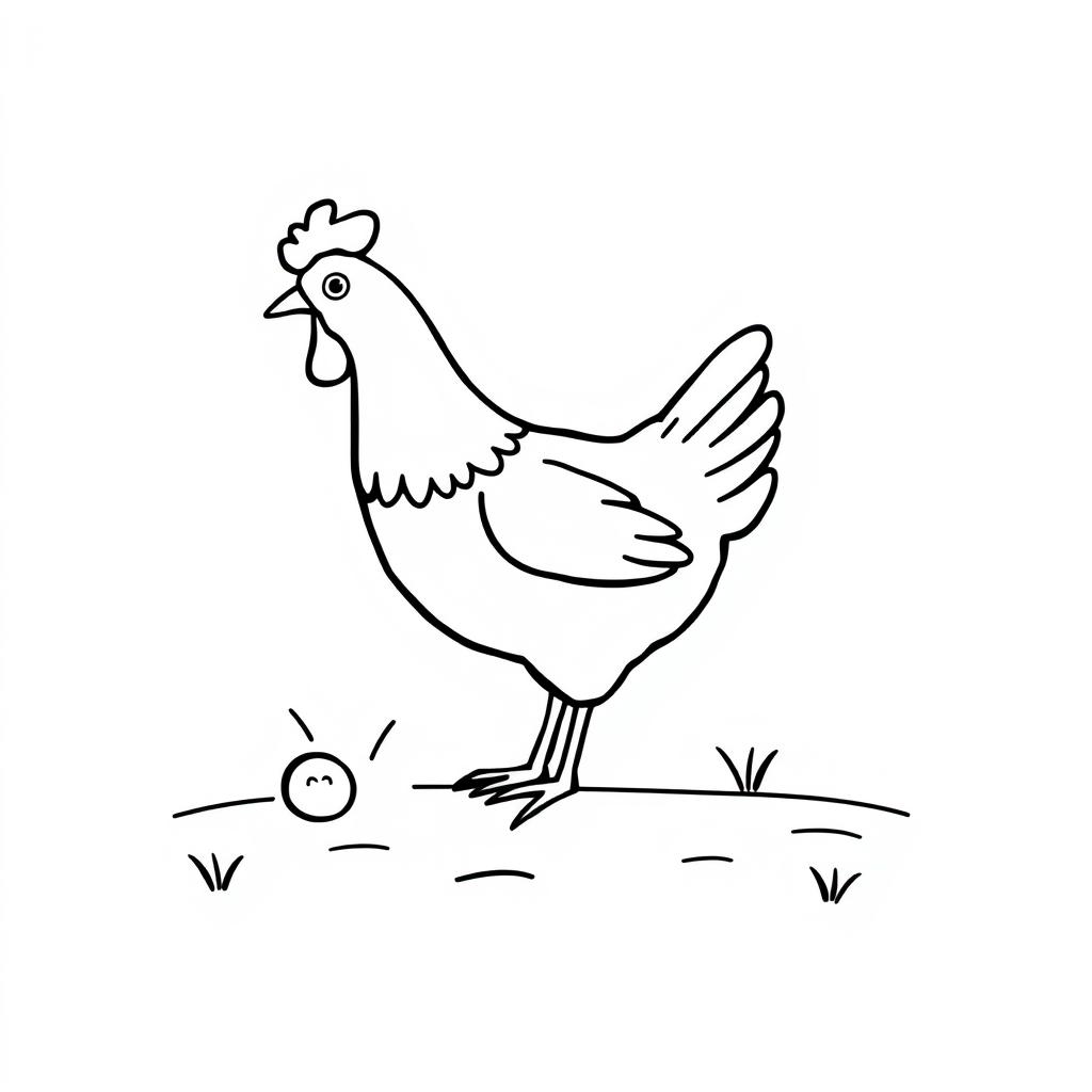 A simple black and white drawing of a chicken pecking happily on a farm