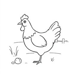 A simple black and white drawing of a chicken pecking happily on a farm