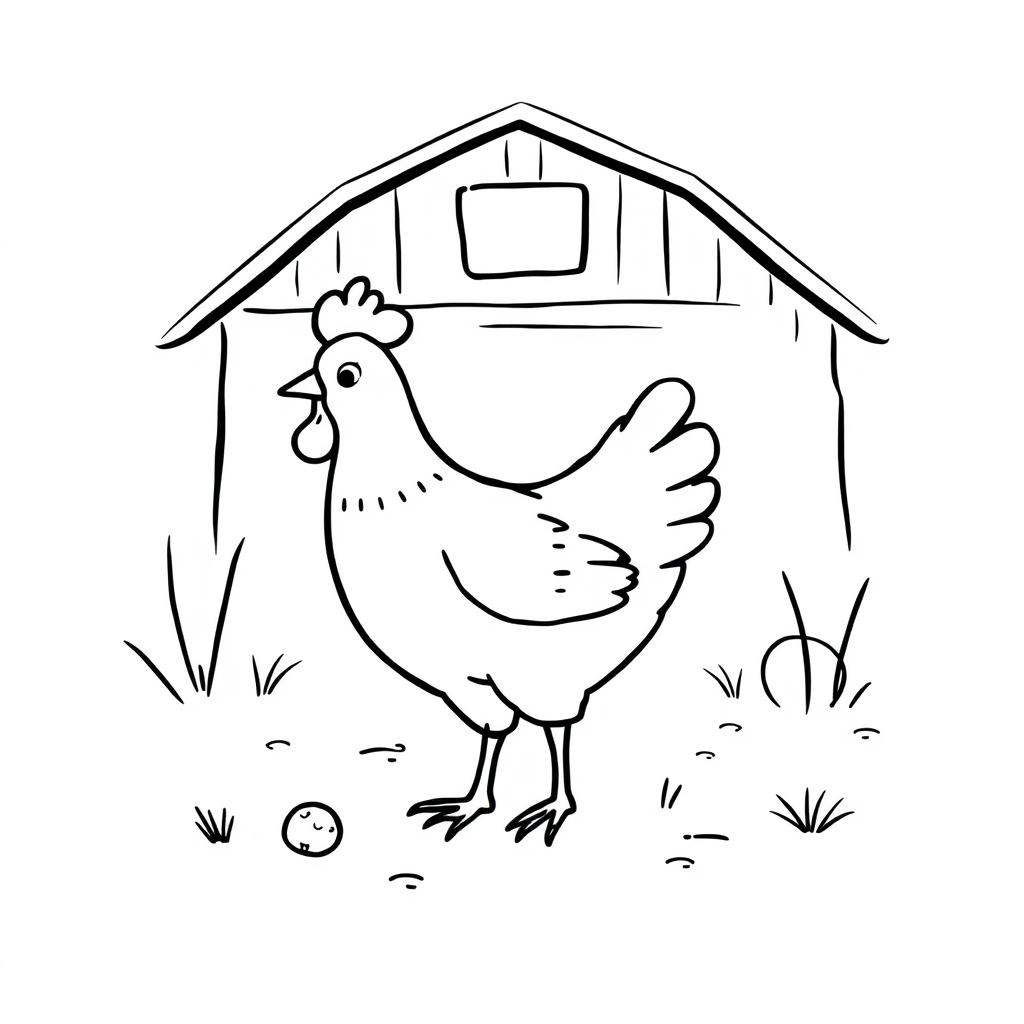 A simple black and white drawing of a chicken pecking happily on a farm