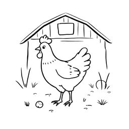 A simple black and white drawing of a chicken pecking happily on a farm