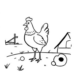 A simple black and white drawing of a chicken pecking happily on a farm