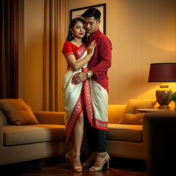 A romantic scene focusing on an elegant and stylish Thai couple in a cozy room