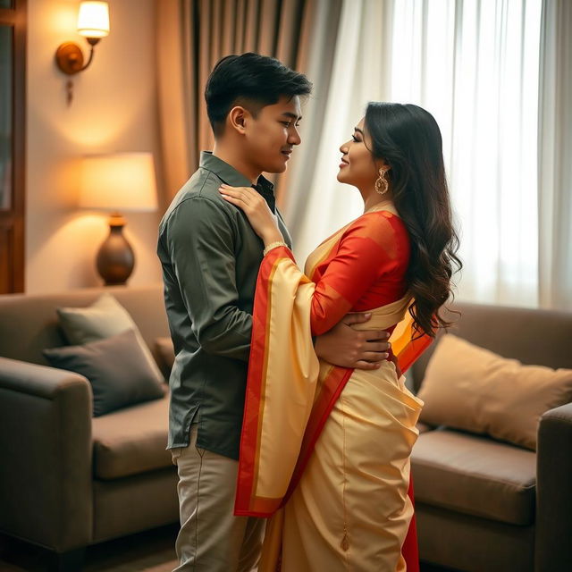 A romantic scene focusing on an elegant and stylish Thai couple in a cozy room