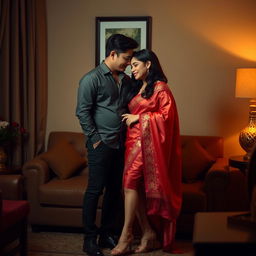 A romantic scene focusing on an elegant and stylish Thai couple in a cozy room