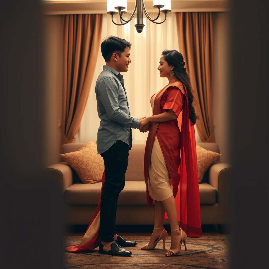 A romantic scene focusing on an elegant and stylish Thai couple in a cozy room