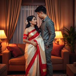 A romantic scene focusing on an elegant and stylish Thai couple in a cozy room