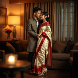 A romantic scene focusing on an elegant and stylish Thai couple in a cozy room