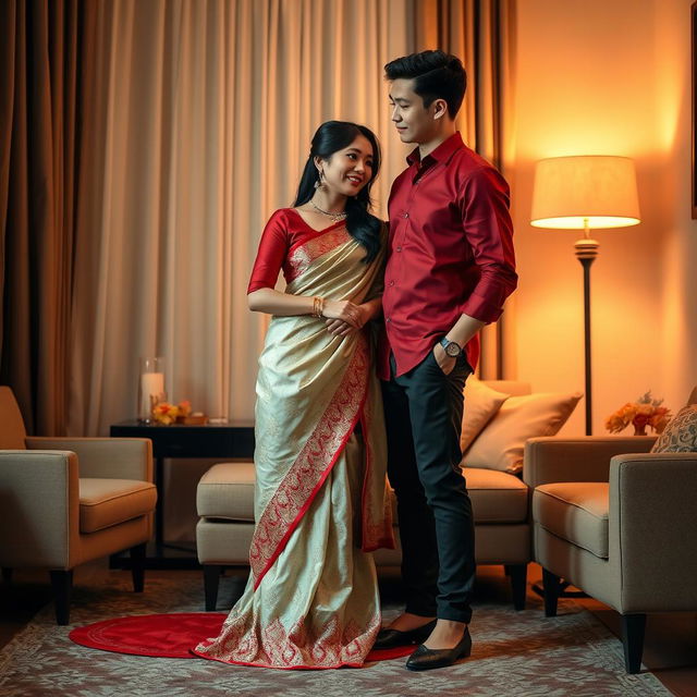 A romantic scene focusing on an elegant and stylish Thai couple in a cozy room