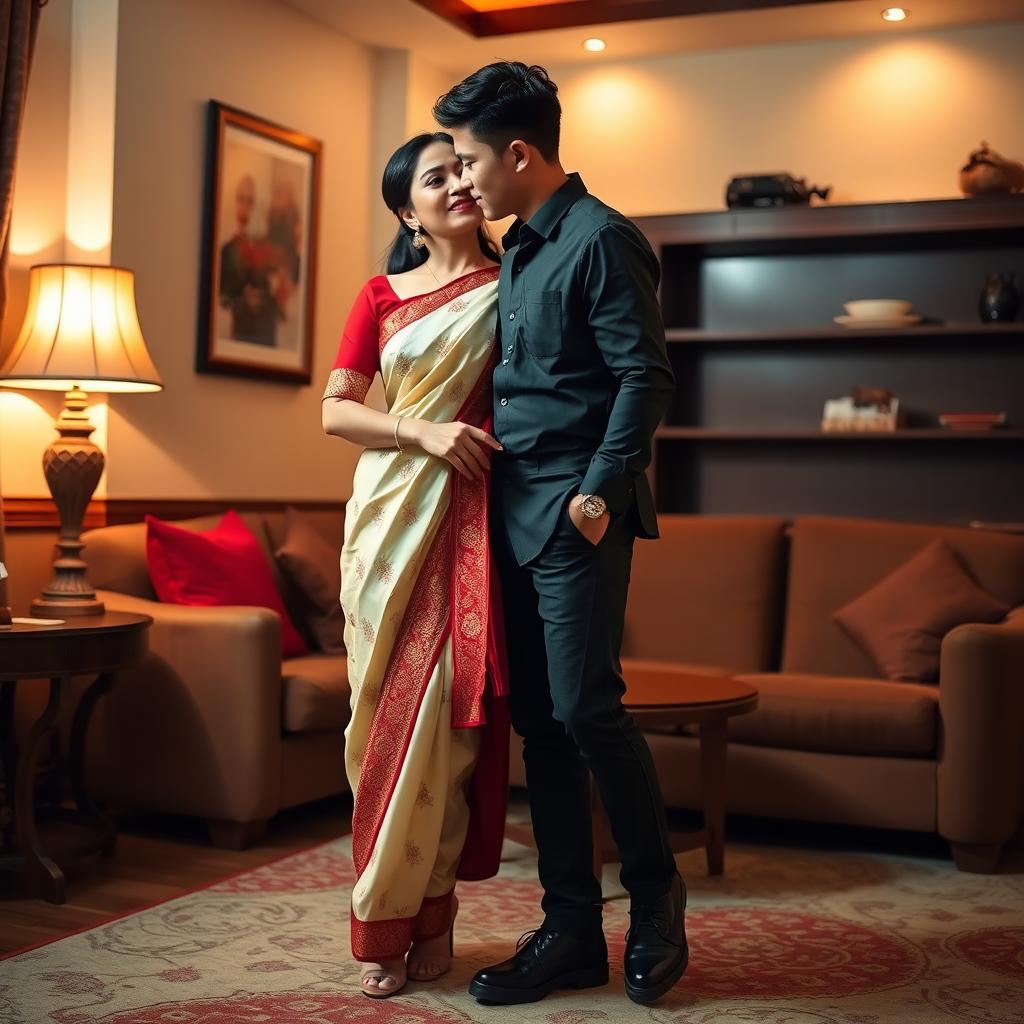 A romantic scene focusing on an elegant and stylish Thai couple in a cozy room