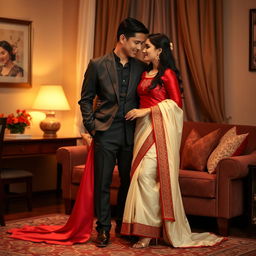 A romantic scene focusing on an elegant and stylish Thai couple in a cozy room