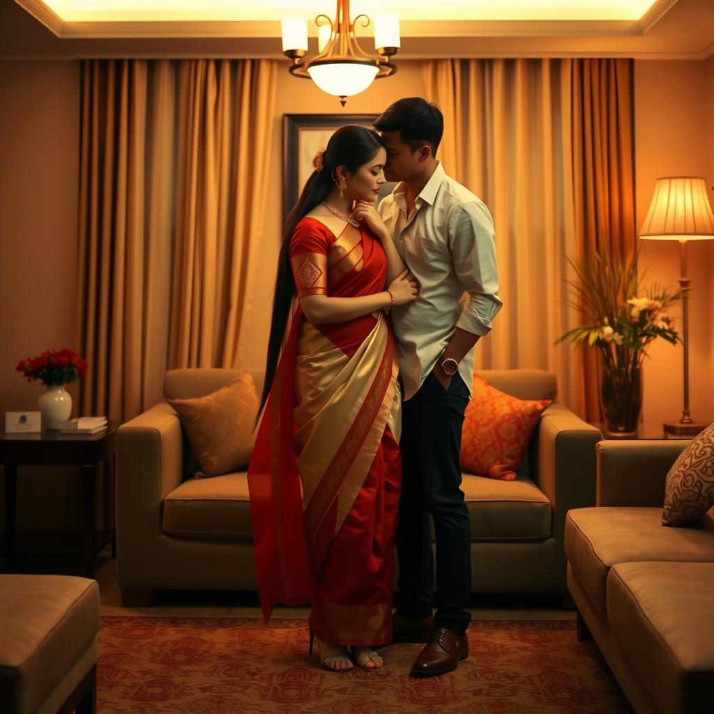 A romantic scene focusing on an elegant and stylish Thai couple in a cozy room