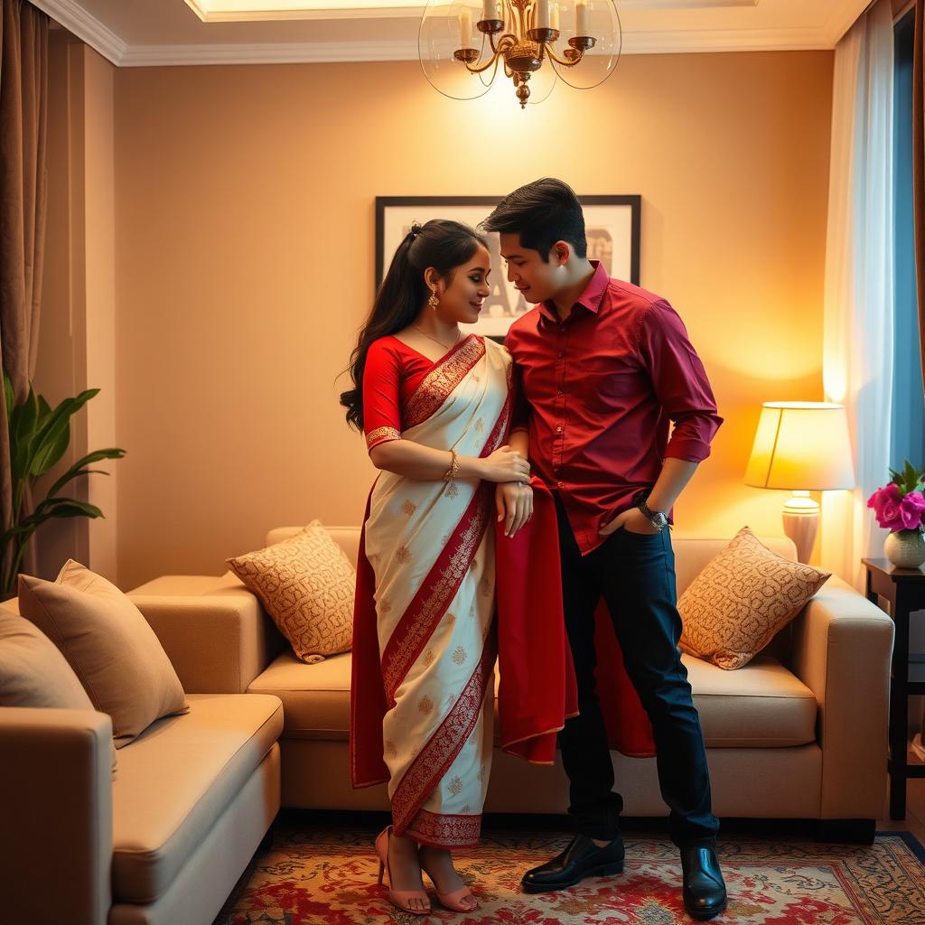 A romantic scene focusing on an elegant and stylish Thai couple in a cozy room