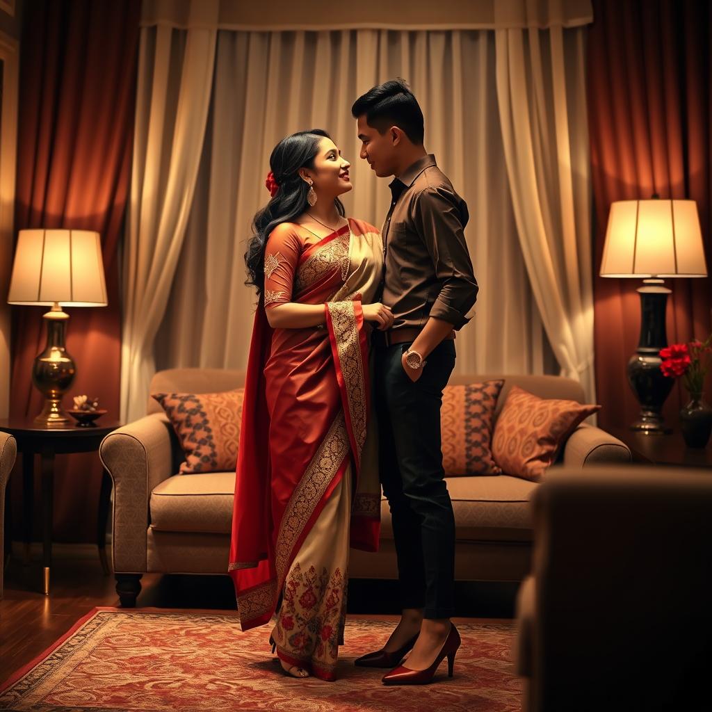 A romantic scene focusing on an elegant and stylish Thai couple in a cozy room