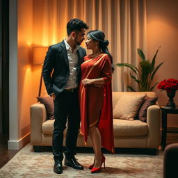 A romantic scene focusing on an elegant and stylish Thai couple in a cozy room