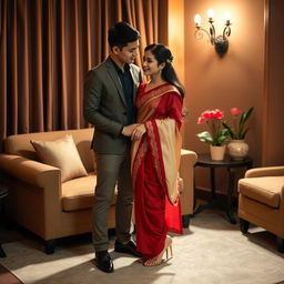 A romantic scene focusing on an elegant and stylish Thai couple in a cozy room