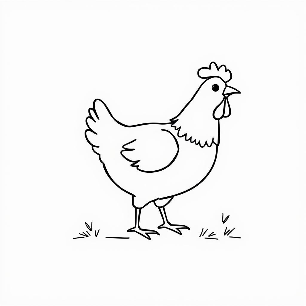 A simple black and white drawing of a chicken pecking happily in its natural habitat