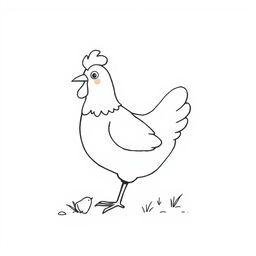 A simple black and white drawing of a chicken pecking happily in its natural habitat