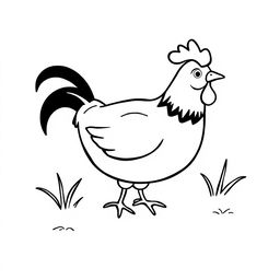 A simple black and white drawing of a chicken pecking happily in its natural habitat