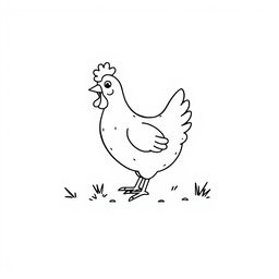 A simple black and white drawing of a chicken pecking happily in its natural habitat