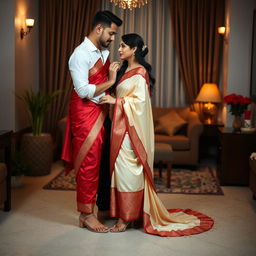 A romantic scene focusing on an elegant and stylish Thai couple in a cozy room