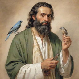 Illustrate Prophet Solomon in a dignified and respectful manner, holding a bird in his right hand, looking towards the right.