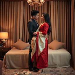 A romantic scene focusing on an elegant and stylish Thai couple in a cozy room