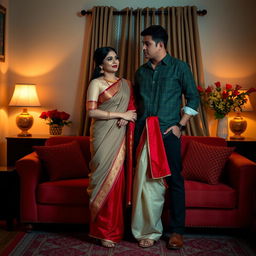 A romantic scene focusing on an elegant and stylish Thai couple in a cozy room