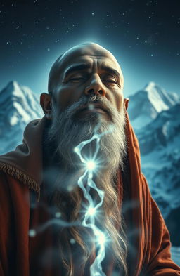 A mystical and enchanting scene in a fantasy novel setting, depicting an Indian shadu monk deep in concentration as he awakens his mind on a Himalayan peak