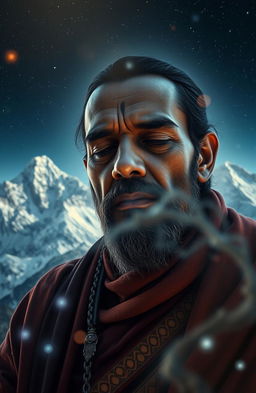 A mystical and enchanting scene in a fantasy novel setting, depicting an Indian shadu monk deep in concentration as he awakens his mind on a Himalayan peak