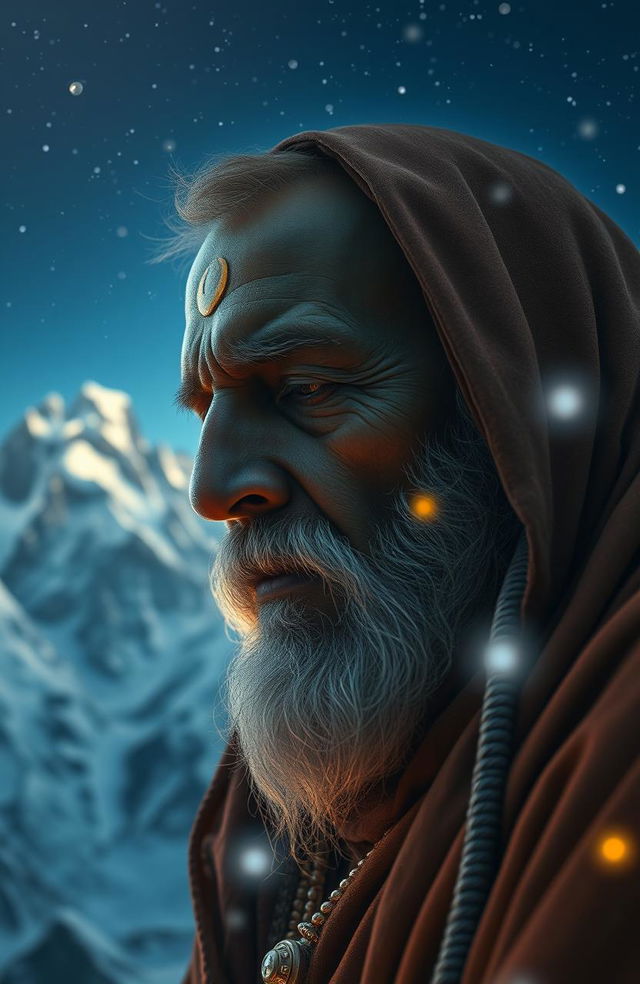 A mystical and enchanting scene in a fantasy novel setting, depicting an Indian shadu monk deep in concentration as he awakens his mind on a Himalayan peak