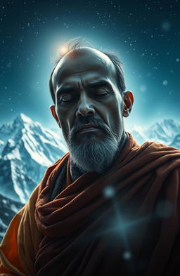 A mystical and enchanting scene in a fantasy novel setting, depicting an Indian shadu monk deep in concentration as he awakens his mind on a Himalayan peak