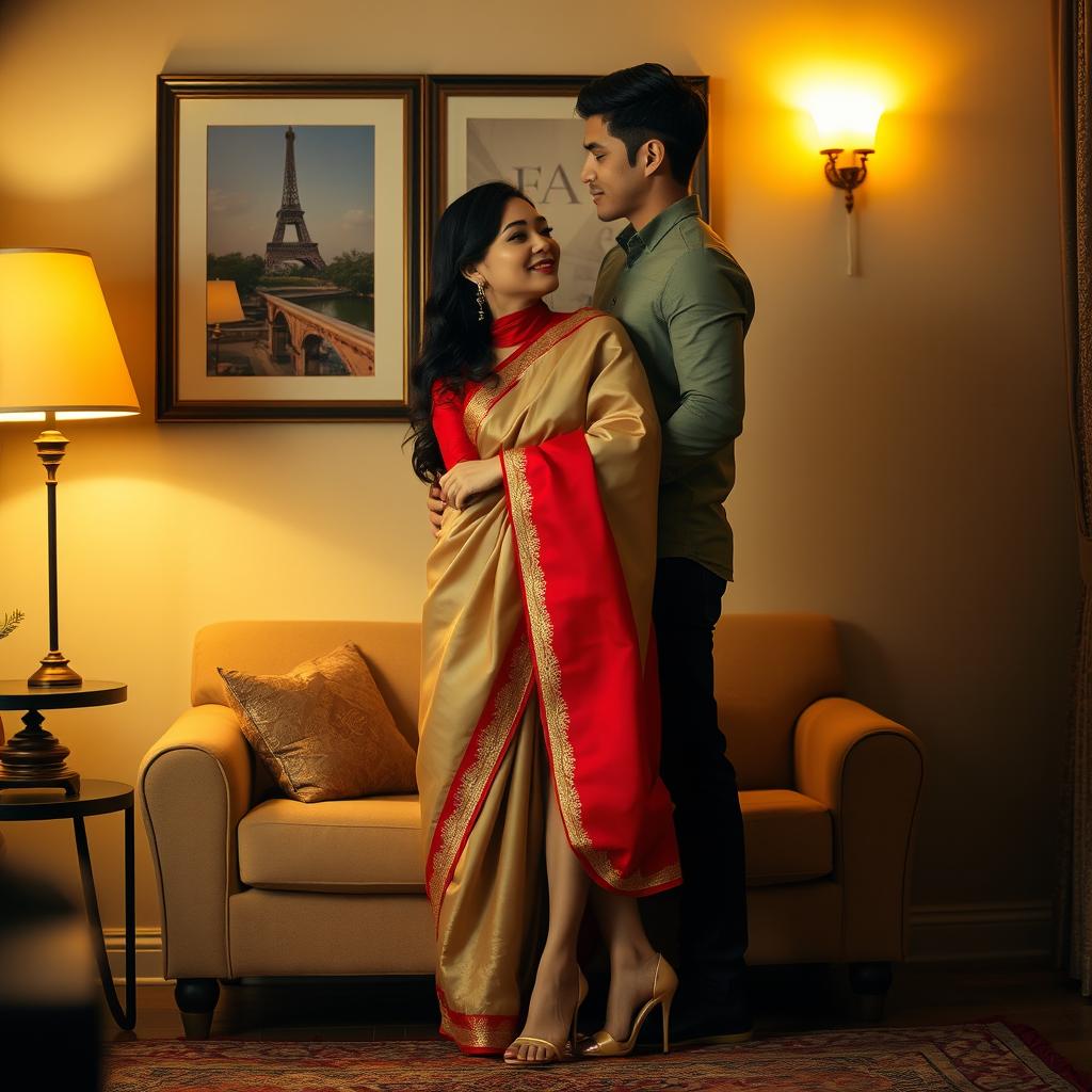 A romantic scene focusing on an elegant and stylish Thai couple in a cozy room