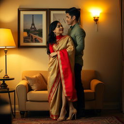 A romantic scene focusing on an elegant and stylish Thai couple in a cozy room