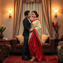 A romantic scene focusing on an elegant and stylish Thai couple in a cozy room