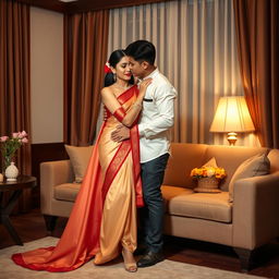 A romantic scene focusing on an elegant and stylish Thai couple in a cozy room