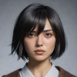 A hyper-realistic portrait of Mikasa Ackerman from Attack on Titan, capturing her intense gaze and her distinctive black hair styled in a bob cut