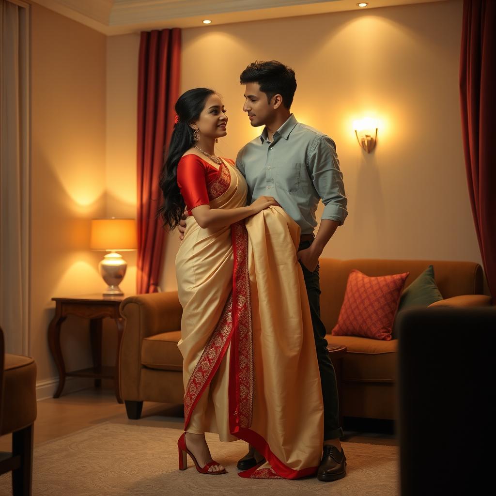 A romantic scene focusing on an elegant and stylish Thai couple in a cozy room