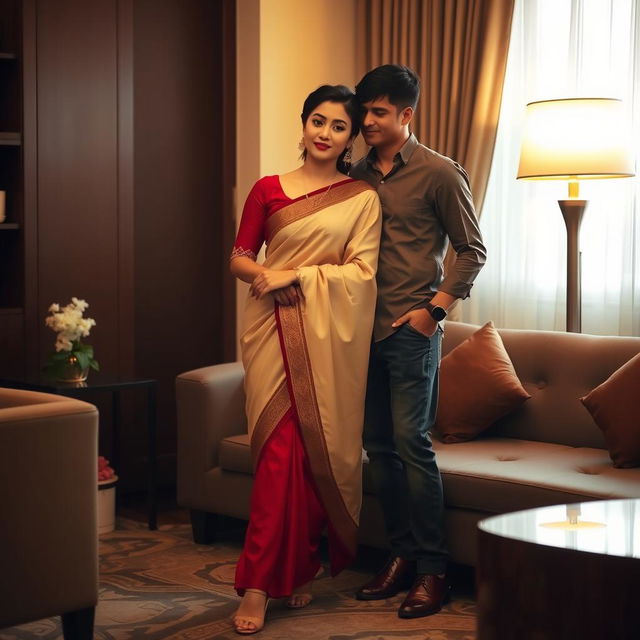 A romantic scene focusing on an elegant and stylish Thai couple in a cozy room