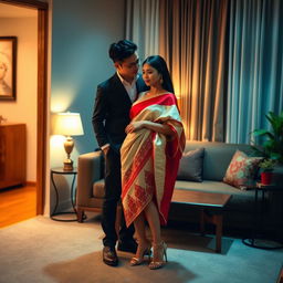 A romantic scene focusing on an elegant and stylish Thai couple in a cozy room